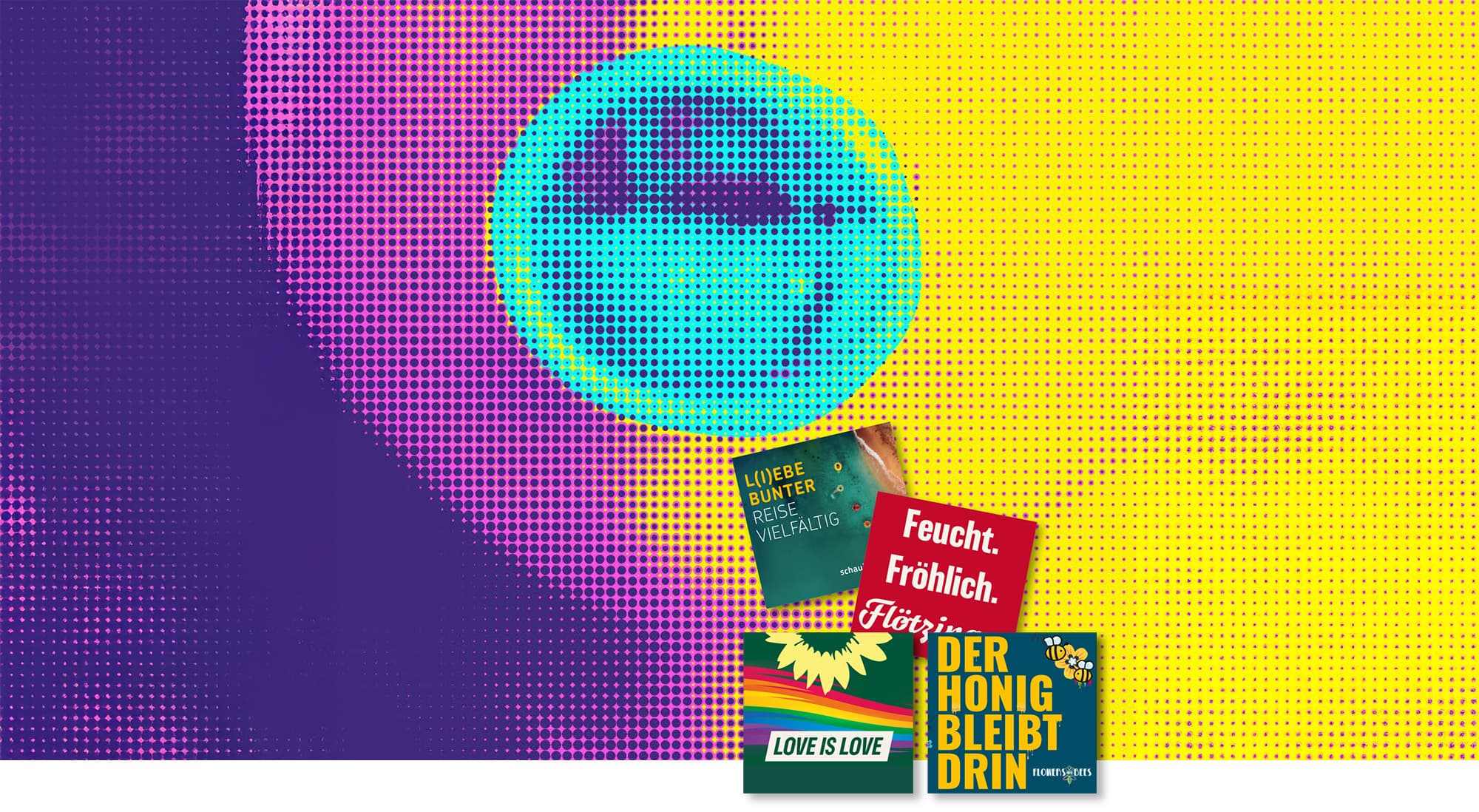 Bild im Pop Art Stil zeigt Kondom in knalligen Farben, darunter Fair Squared Kondome Werbemittel