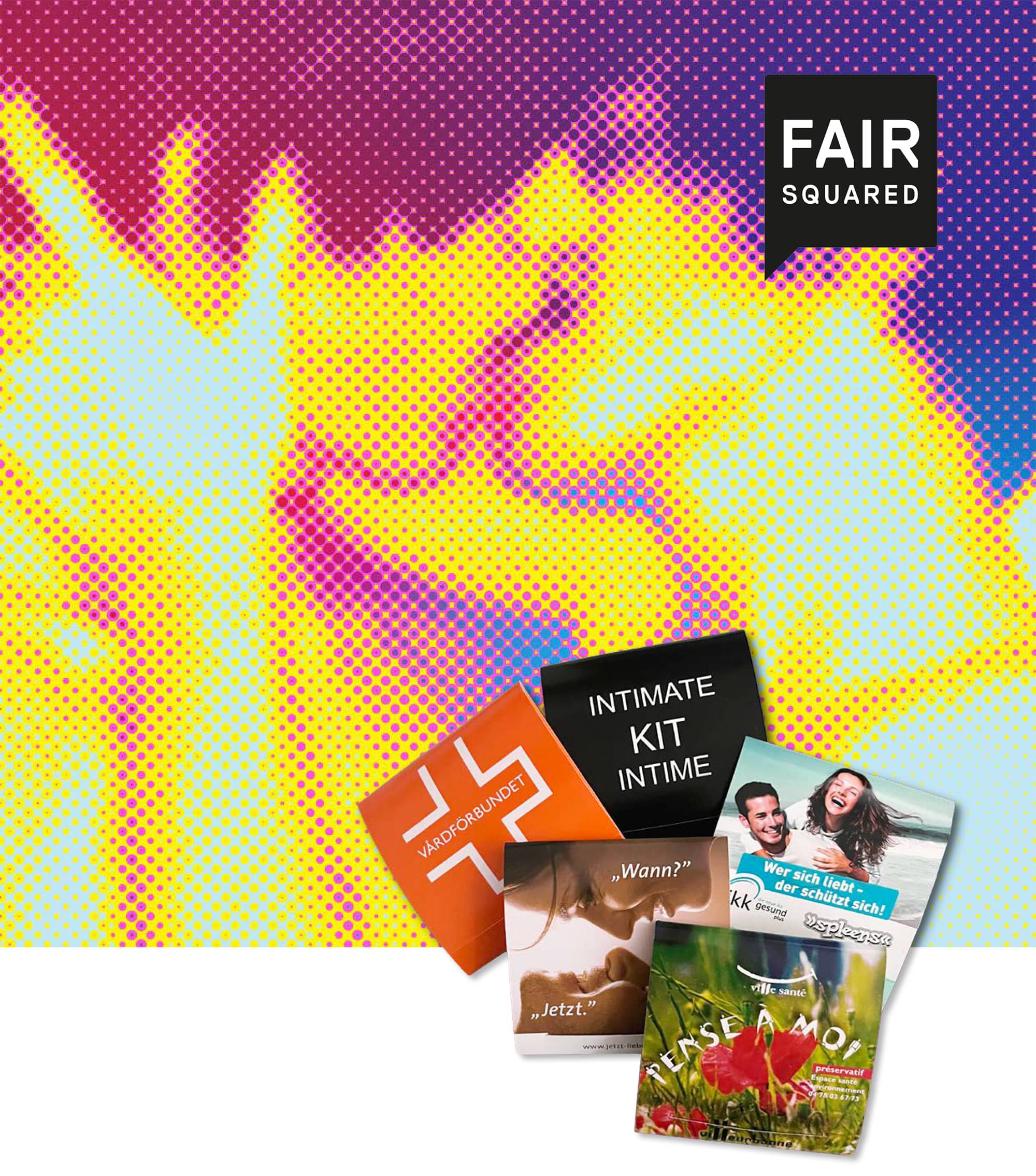 Bild im Pop Art Stil zeigt ein küssendes Paar in knalligen Farben, darunter Fair Squared Kondome Werbemittel
